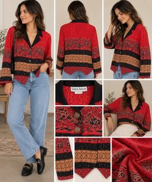 Vintage Sharon Anthony 90s Cropped Button Up Shirt Red Paisley Rayon USA 10